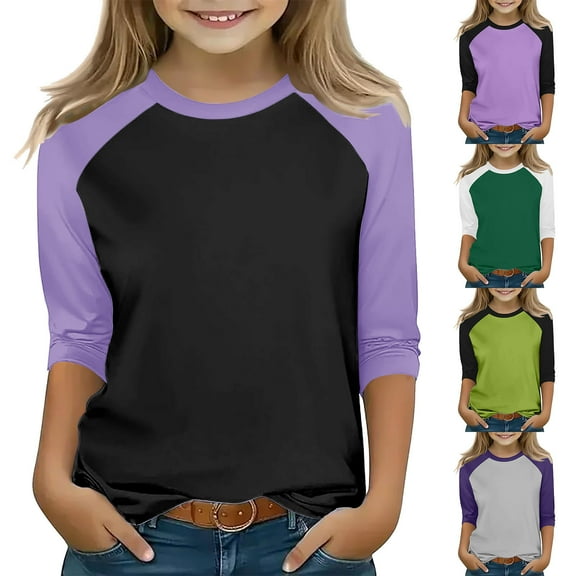 Frwgonr Girls Lightweight Top Size 3T-14 Crewneck Raglan 3/4 Sleeve Shirts Clothes Cute Pullovers Tops Black