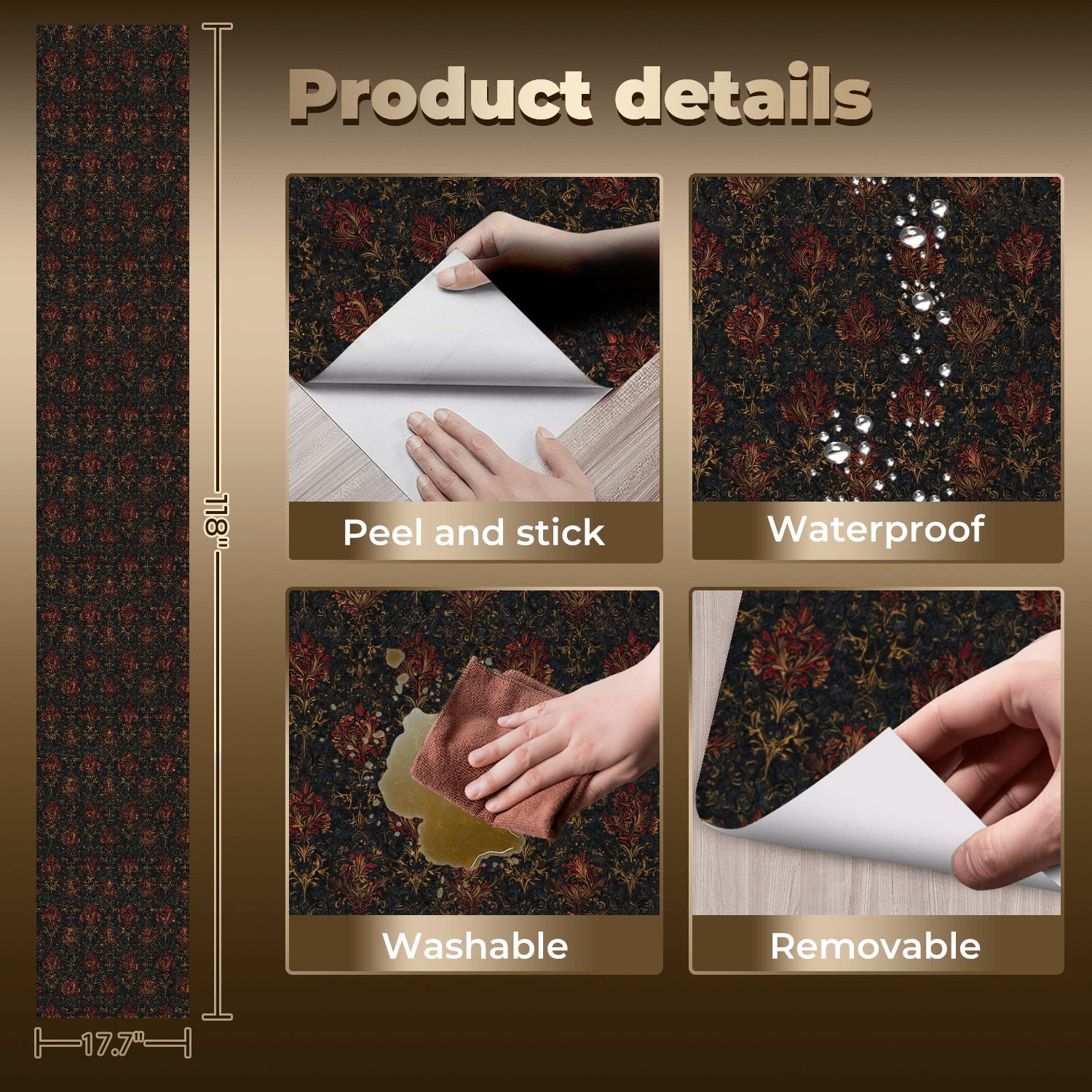 Peel and Stick Wallpaper Elegant Vintage Floral Damask Red Gold Accents Black Wall Mural 17.7in x 9.8ft Self Adhesive Removable Wall Paper Renter Friendly Wallpaper for Nursery Bedroom Cabinets