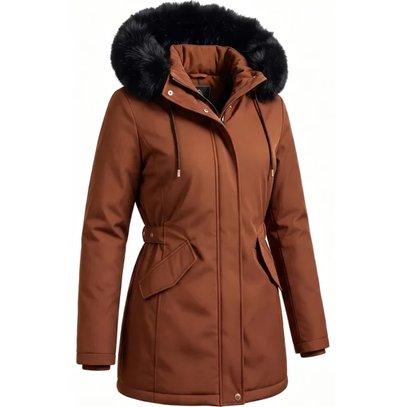 Winter Thicken Puffer Coat for Women Warm Waterproof Jacket with Faux Fur Removable Hood, Brown