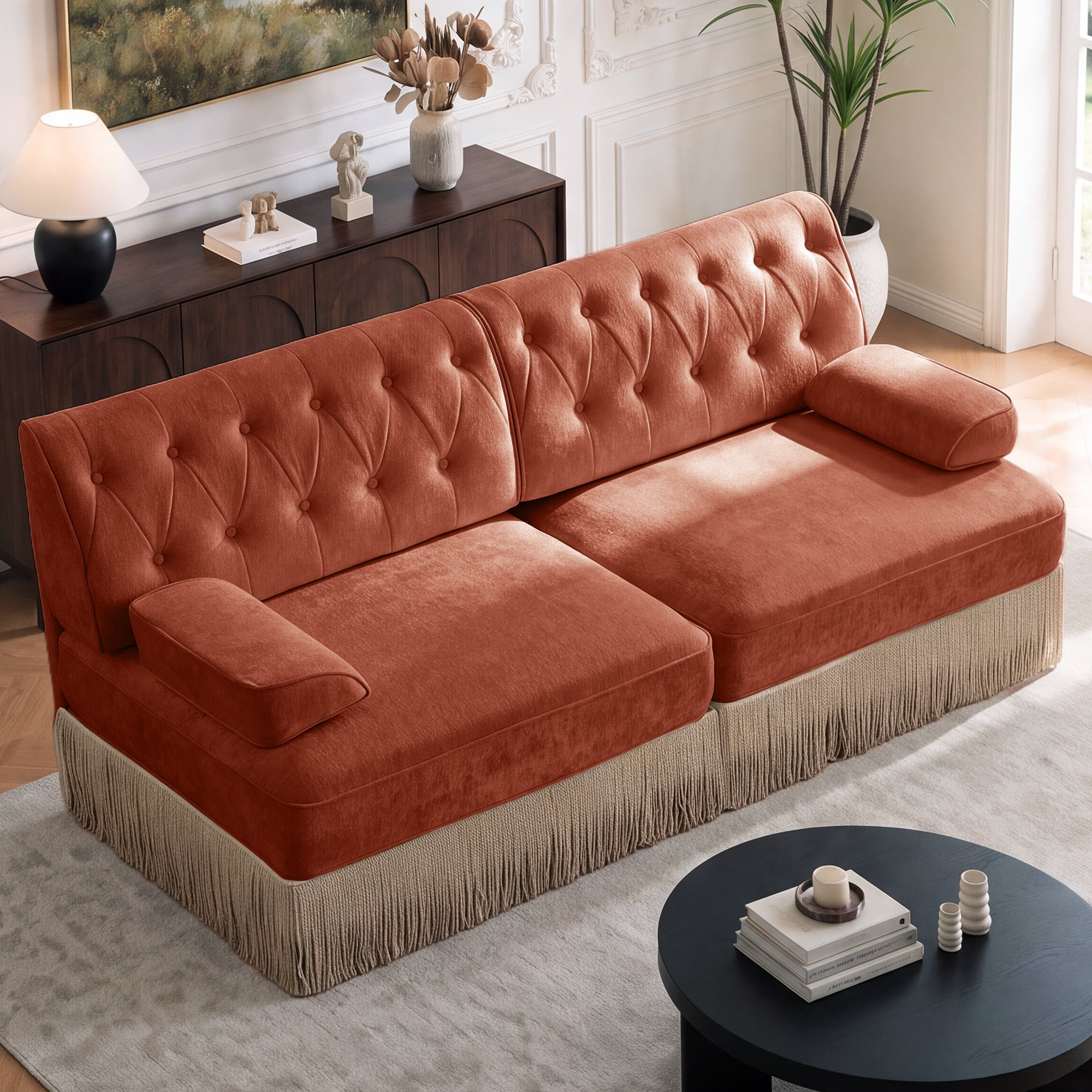 76" Velvet Chesterfield Loveseat Sofa, Button Tufted Design, Tassel Fringe Skirt, Easy to Assemble