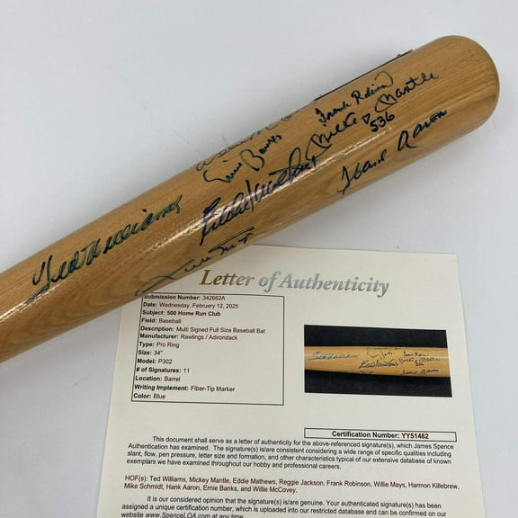 500 Home Run Club Signed Bat Mickey Mantle Ted Williams Willie Mays JSA COA