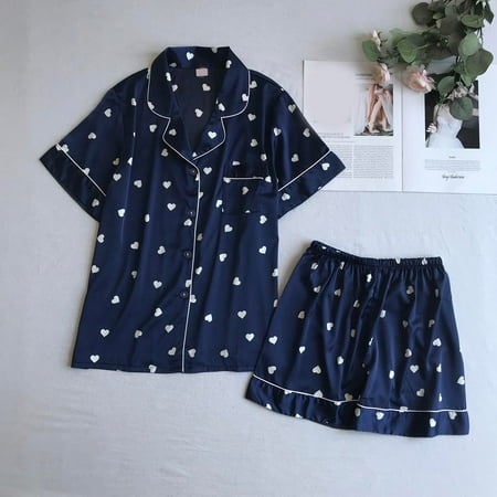

Pajamas for Women Womens Shorts Sleeve Sleepwear Short Nightwear Pant Sets Blue M