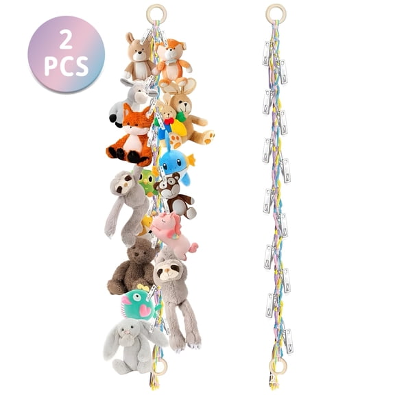 2-Pack Stuffed Animal Organizer Chains, Colorful Rope Hanging Storage with 40 Metal Clips, Wall Display Holder for Plush Toys, Photos, Hats and Hair Accessories
