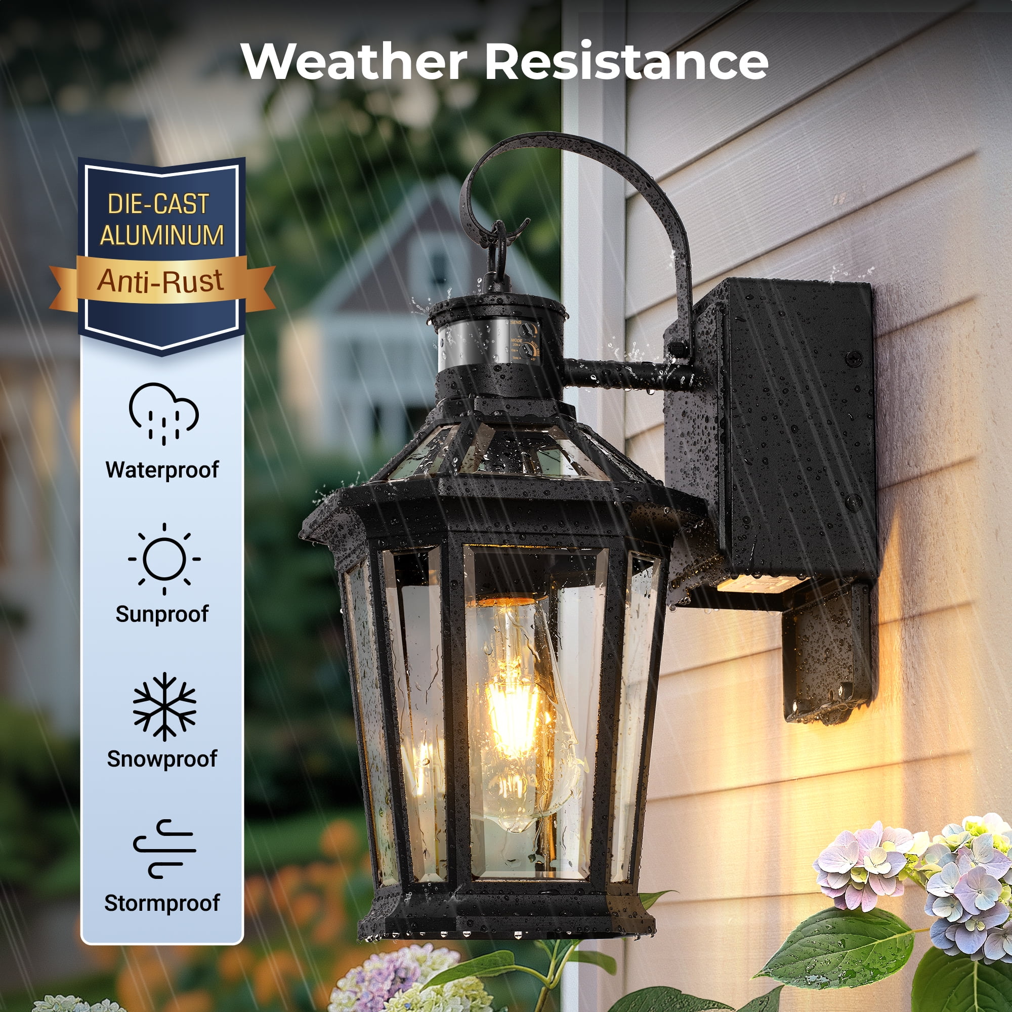 Gleamz Motion Sensor Porch Lights Outdoor with GFCI Outlet, Black Exterior Lighting Fixtures Wall Mount, 100% Aluminum Anti-Rust Waterproof Outside Lights for House Patio Garage
