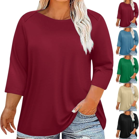 Womens Plus Size Corset Style Top 3/4 Sleeve Crew Neck Loose Fit Casual Layering Shirt