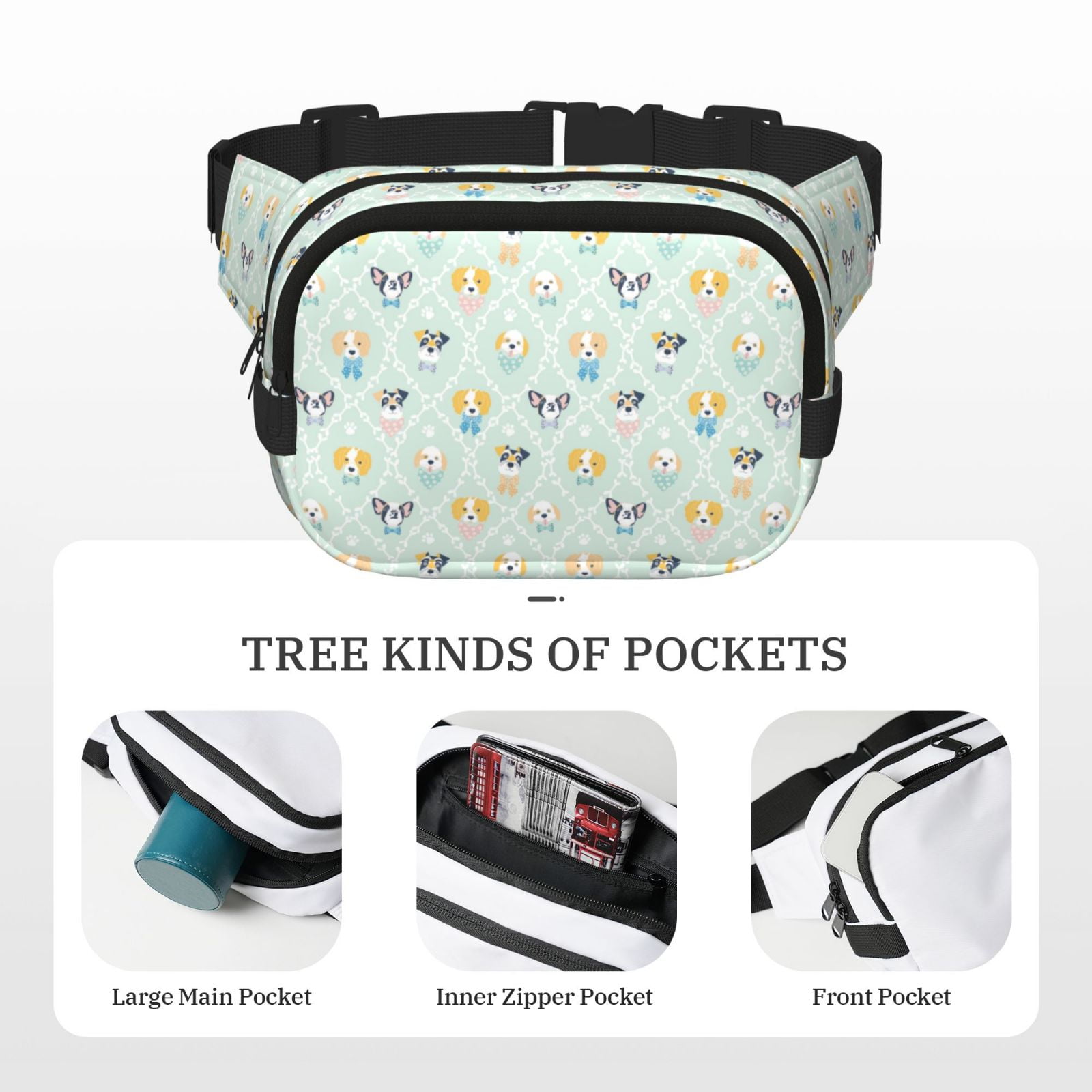 Picia Different Breeds of Dogs Print Square Double-Layer Waist Bag Mini Adjustable Waist Belt Bag Exercise Running Travel Hiking