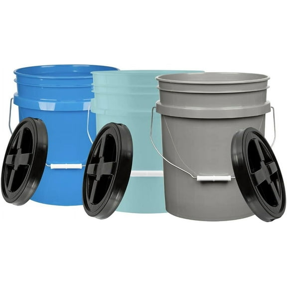 FLAWAL 5 Gallon Food Grade Bucket Pail with Airtight Screw on Lid (Pack of 3) BPA Free Made in USA- 3 Colors (Aqua, Blue, Gray, Black lids)