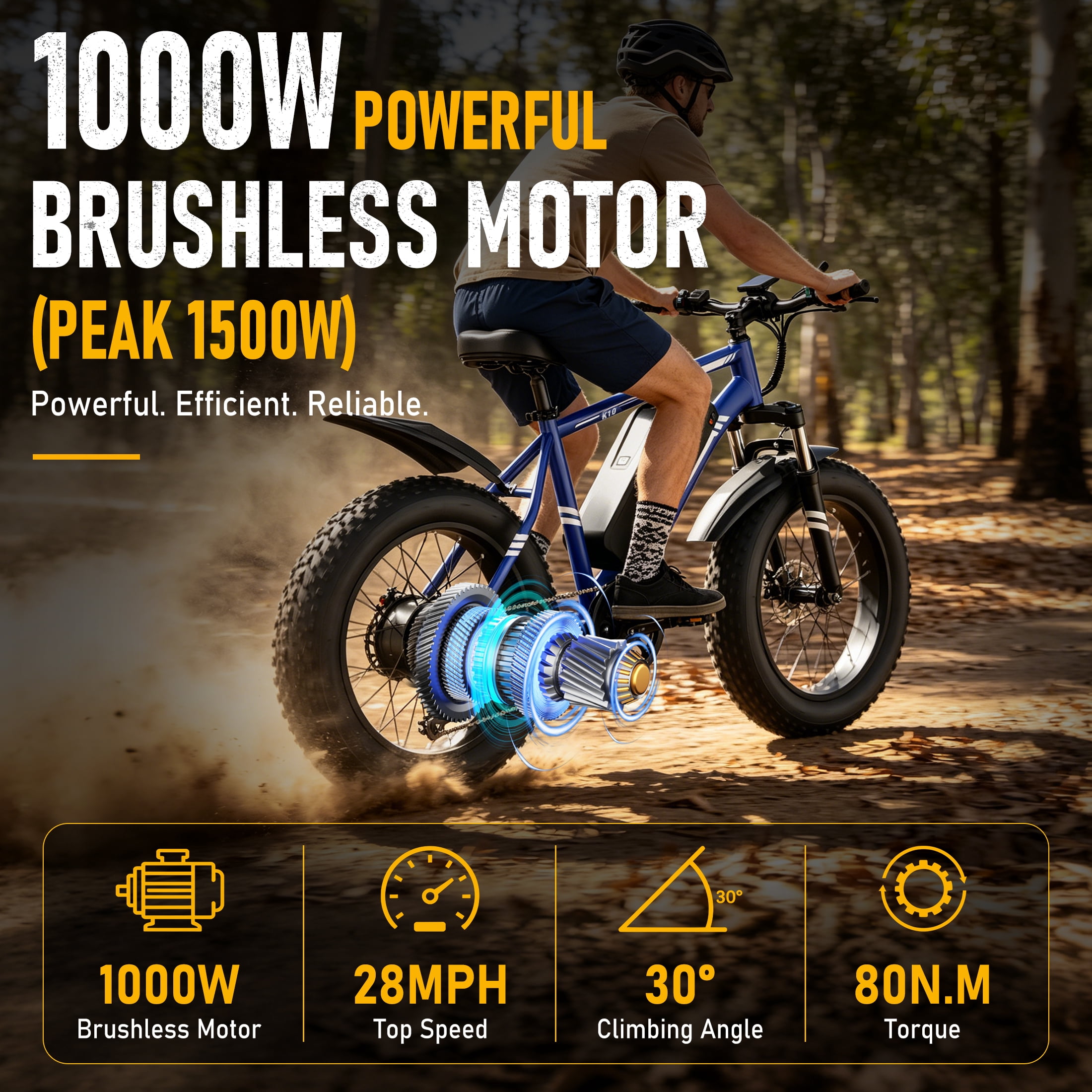 AMYET 1000W Electric Bike, 20" Fat Tire Ebike 28MPH 48V 15Ah E-Mountain Bicycles UL2849 Blue