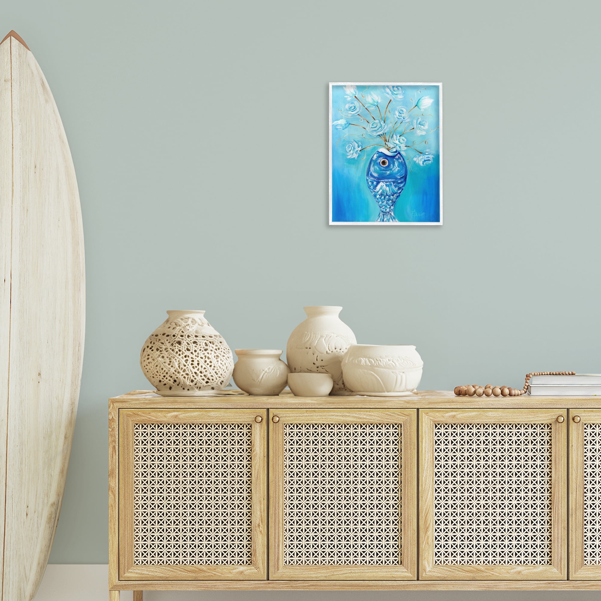 Stupell Industries Fish Vase Bouquet Botanical & Floral Painting White Framed Art Print Wall Art, 16 x 20