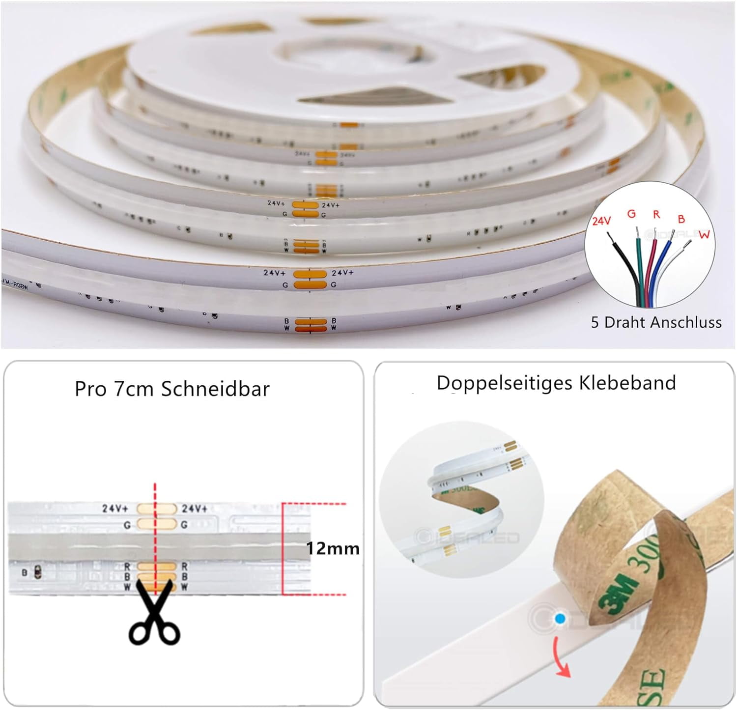 24V COB RGBW LED light strip only, 5M flexible high-density uniform RGBWW LED light strip with dimmable brightness, suitable for ambient lighting