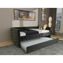 MODERN TWIN SIZE DAYBED WITH TRUNDLE, UPHOLSTERED BLACK VELVET SOFA BED FRAME WITH GOLD ACCENTS, SPACE-SAVING GUEST BED FOR BEDROOM OR LIVING ROOM