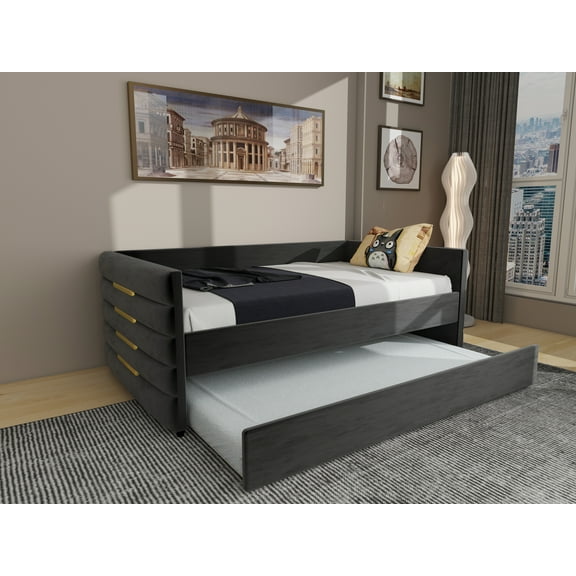 MODERN TWIN SIZE DAYBED WITH TRUNDLE, UPHOLSTERED BLACK VELVET SOFA BED FRAME WITH GOLD ACCENTS, SPACE-SAVING GUEST BED FOR BEDROOM OR LIVING ROOM