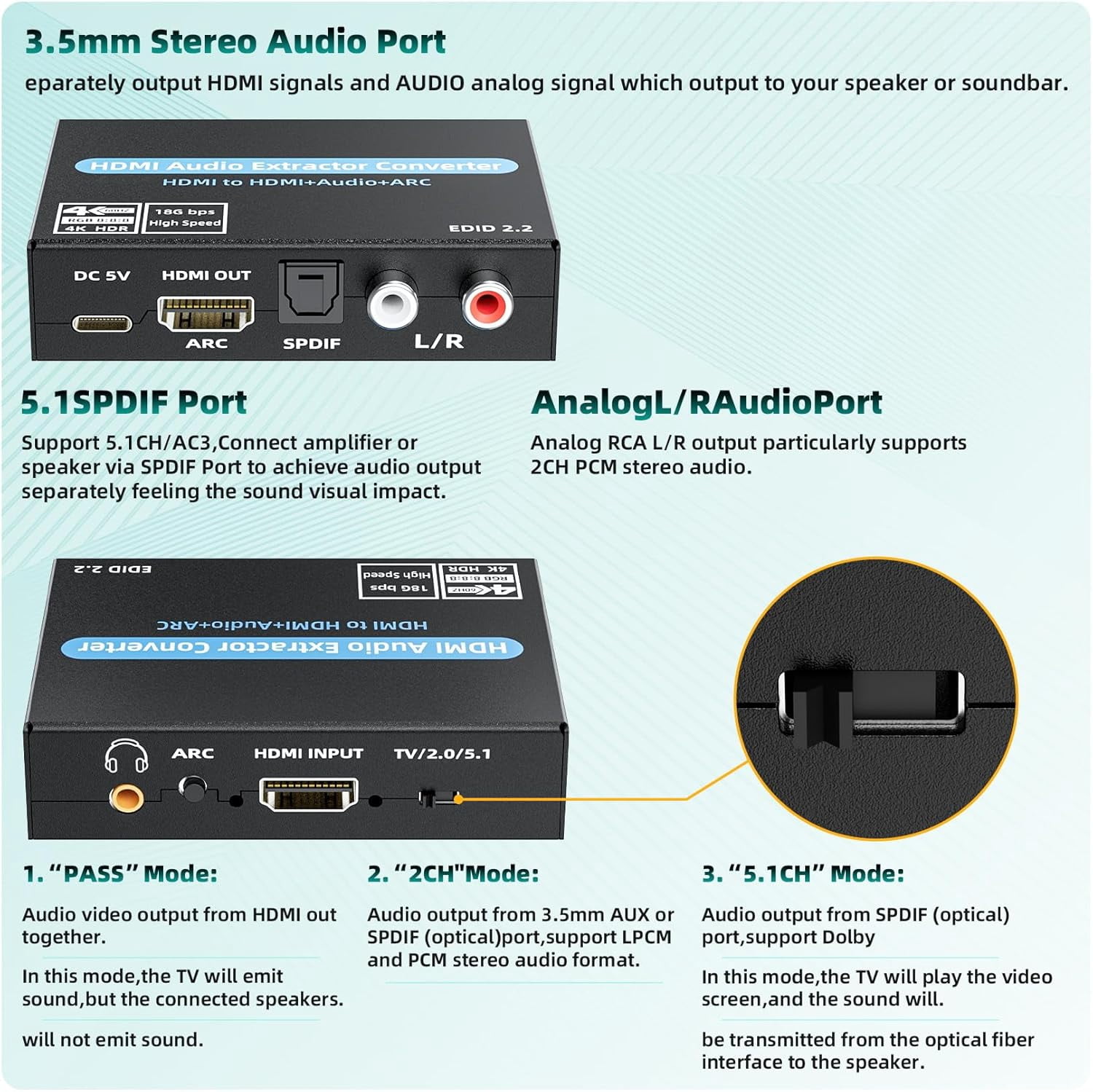 4K@60Hz HDMI Audio Extractor with ARC – Optical, 3.5mm Stereo & RCA L/R Adapter, Supports 5.1 Audio, HDCP 2.2, HDR, 18Gbps – for PS5, Xbox, HDTV, Soundbar
