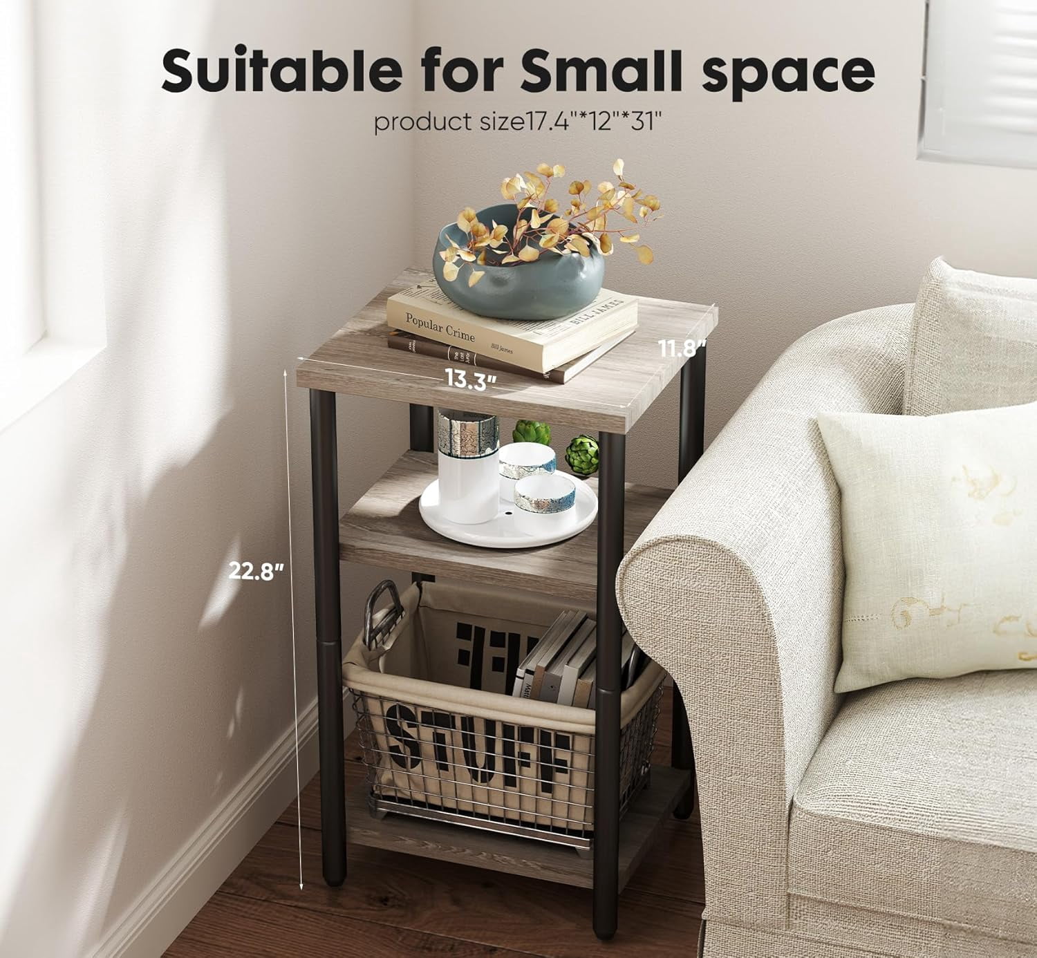 Nextay 3-Tier End Table, Side Table with Storage Shelf and Adjustable Feet, Small Nightstand for Living Room, Bedroom, Office, 2-Pack