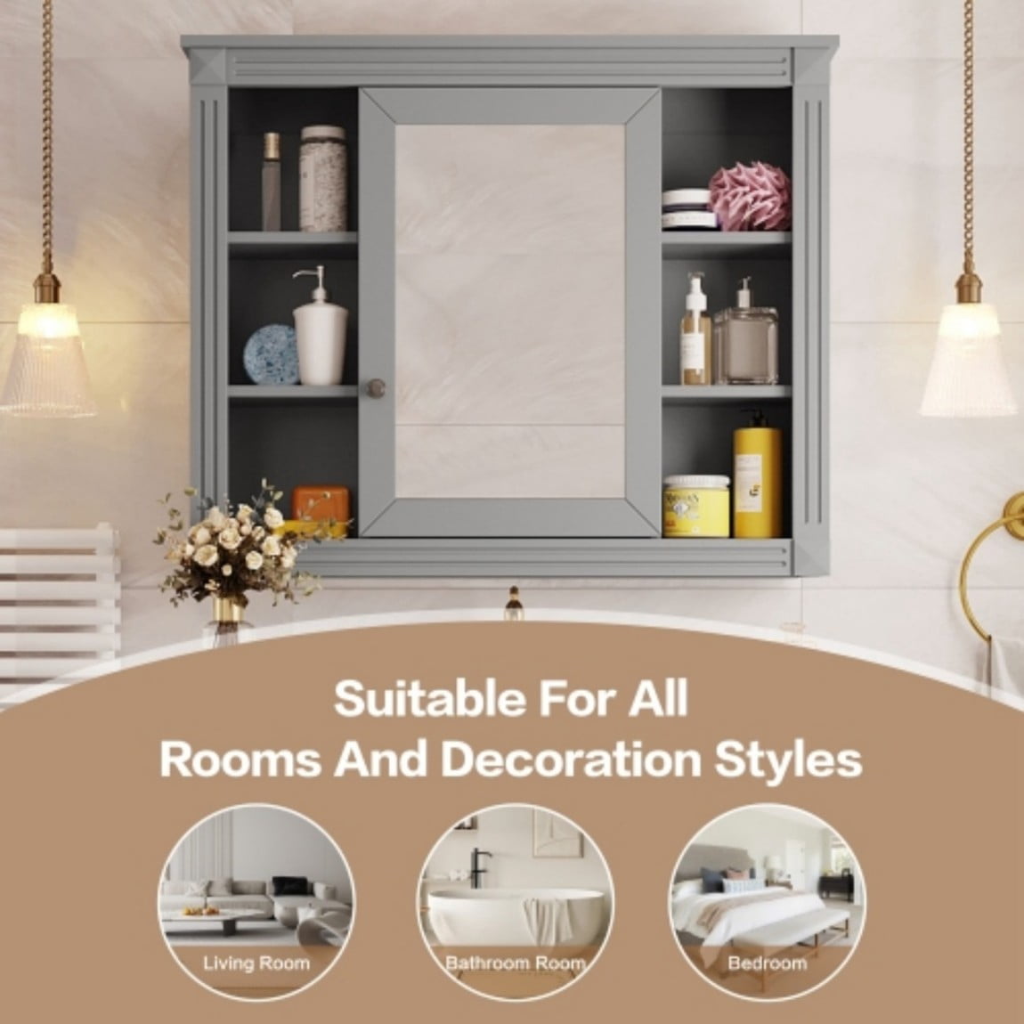 35"x 28" Wall Mounted Bathroom Medicine Cabinet with Mirror, Adjustable Shelves, Open Storage, Towel Bar, MDF Bathroom Storage Cabinet, Grey
