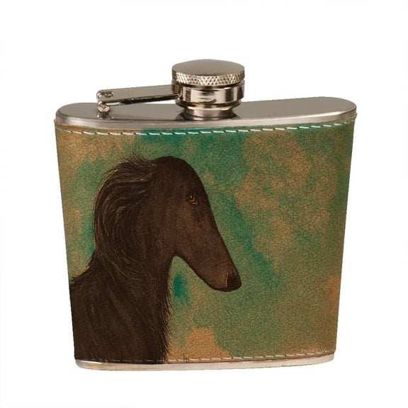 KuzmarK 6 oz. Leather Pocket Hip Liquor Flask - Black Borzoi Sighthound Dog Art by Denise Every
