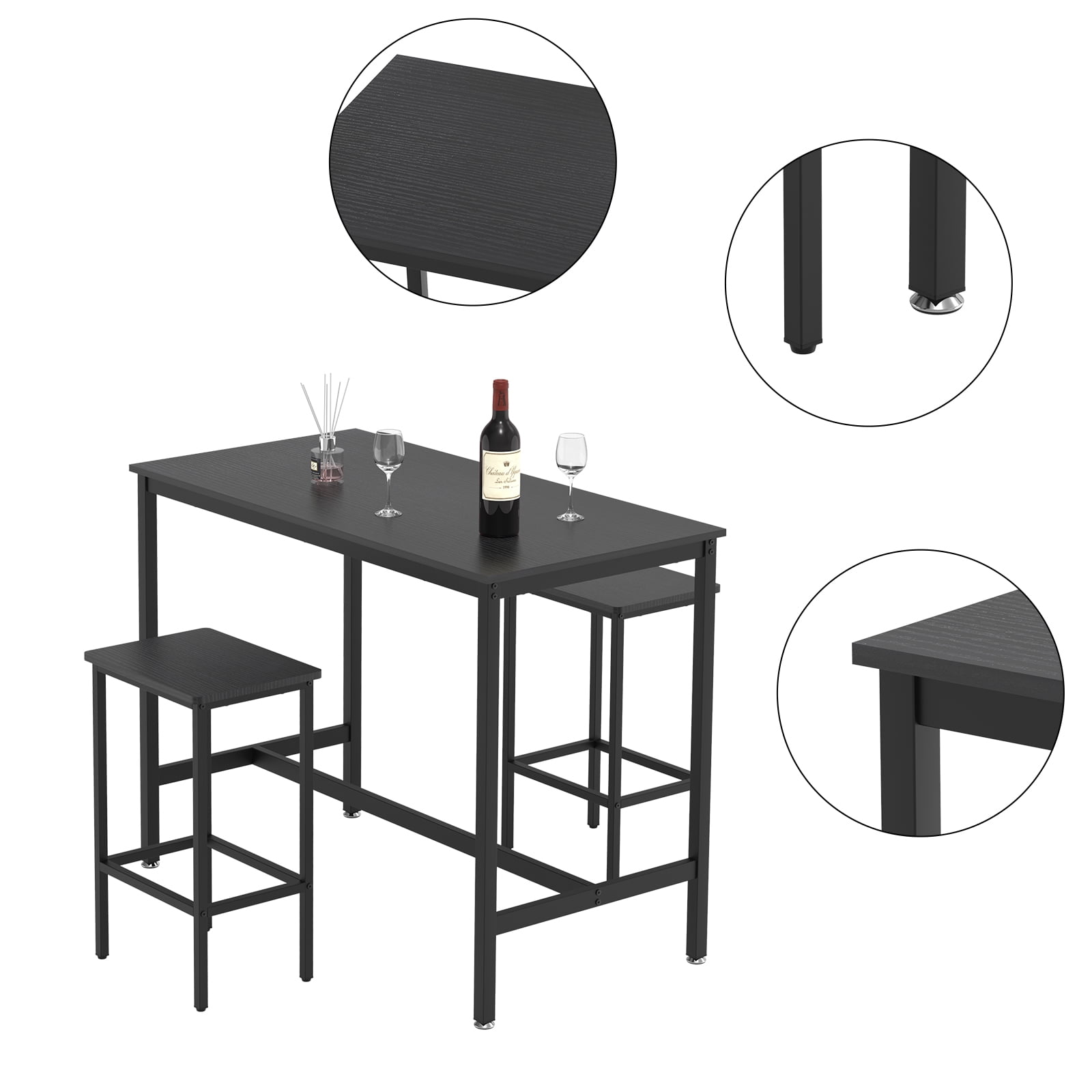 3 Piece Bar Table and 2 Chairs Set Counter Height Dining Set, Black