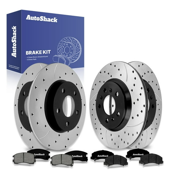 AutoShack Front & Rear Drilled & Slotted Brake Rotors Premium Ceramic Brake Pads | Replacement for 2010 Chevrolet Impala 3.5L 3.9L V6 FWD | E-Coated | 12-PC Brake Kit | ShadowGuard