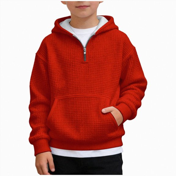 Linfrsh Hoodies for Boys Quarter Zip Waffle Knit Pullover Hooded Sweatshirt Tops Teen Boy Fashion Fall Winter Casual Sweatshirts Back to School Clothes(Red,9-10 Years)