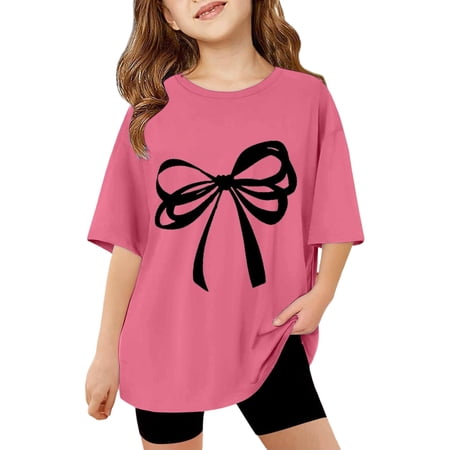 YAYUBA Toddler Shirts Girls Cartoon Print Round Neck Back To School Short Sleeve Tee for Toddler Comfy Gentleman Tops Preppy Clothes for Girls 13-14 Years Hot Pink