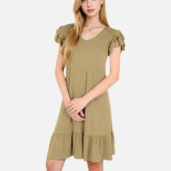 Women's Ruffle Sleeve V-Neck Dress with Tiered Hem and Relaxed Fit - Large, Khaki