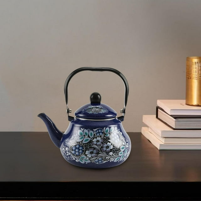 Elodie Enamel Tea Kettle Sturdy Blue Floral Enamel Pot for Restaurant Party 1.5L