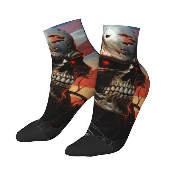 Uemuo Cyberpunk Skull American Flag Printed Crew Socks, Moisture-Wicking Socks, Athletic Socks for Men Breathable Cushion Socks Casual Sport Socks for Running Traveling