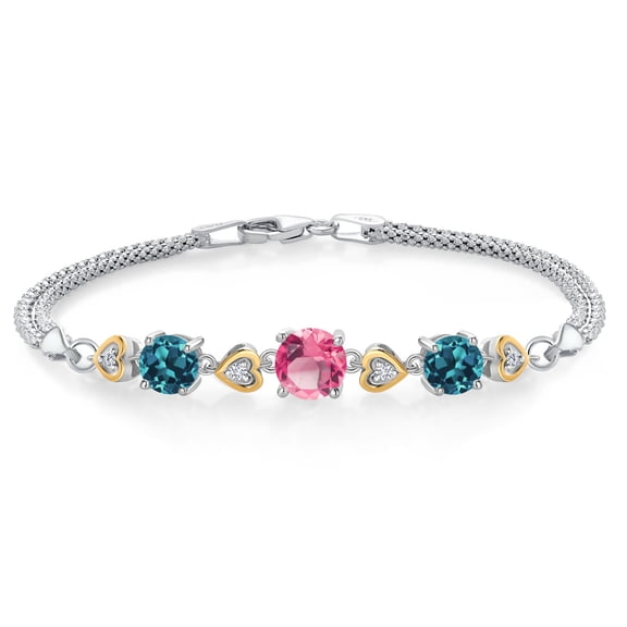 Gem Stone King 925 Sterling Silver and 10k Yellow Gold Pink Mystic Topaz London Blue Topaz and White Lab Grown Diamond Bracelet for Women (3.93 Cttw, Round 7MM and 6MM, 6.5/7/7.5 inch, Made in Italy)