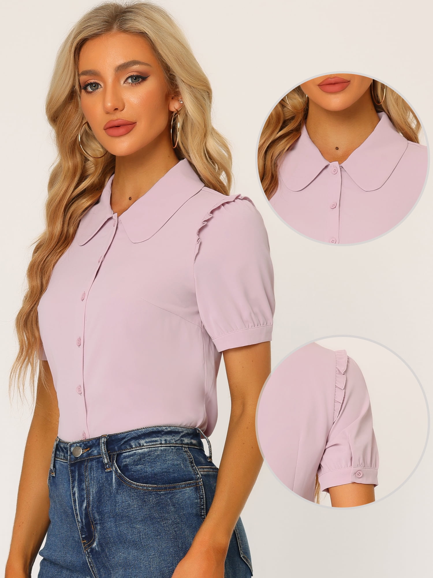 DARING DIVA Women's Peter Pan Collar Short Sleeve Button Front Shirts XS Pink