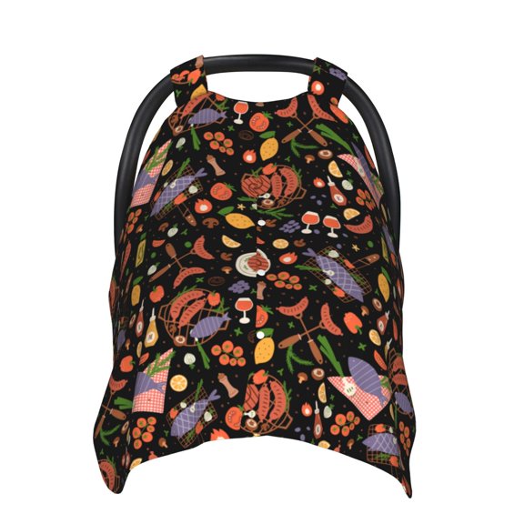 Honeii BBQ Party print 2-in-1 baby car seat canopy doubles as a nursing cover, fitting both genders & measuring 39x27.5in