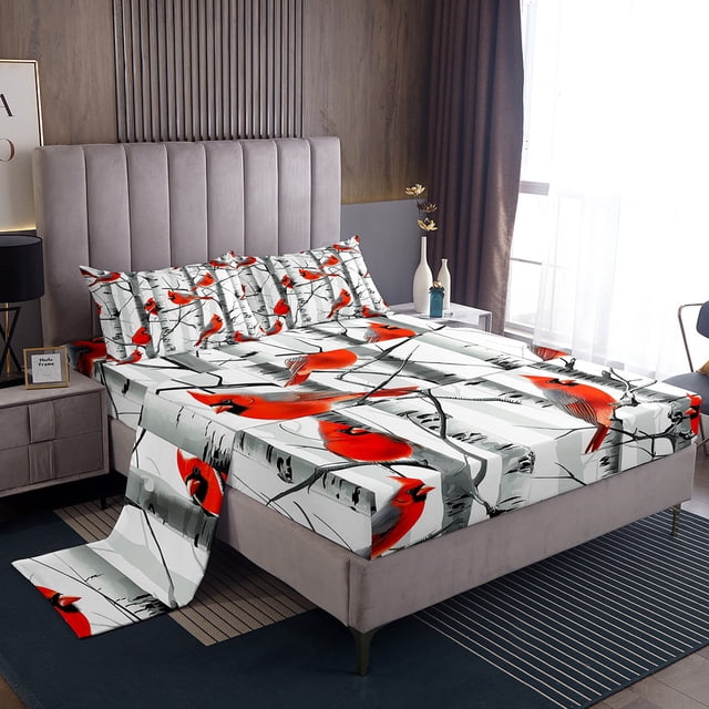 Erosebridal Cardinal Bird Bed Sheets Full, Birch Branches Bedding, Microfiber