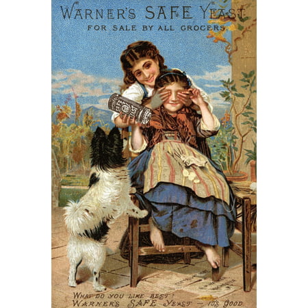 Victorian trade card for Warners safe yeast A dog playfully watches as a girl plays peak-a-boo and asks What do you like best Warners Safe Yeast - its good Poster Print by H K (What's The Best Gun Safe)