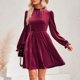 thumbnail image 4 of Vestido de manga con volantes para mujer color sólido cuello alto talle traje básico de vacaciones, 4 of 9