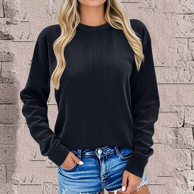 Amzcrzy Chandails en Molleton pour Femmes Décontracté Couleur Unie Manches Longues Col Rond Chandails en Molleton Mode Coton Côtelé Automne Chandail en Molleton pour Femmes P