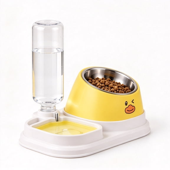 ROSEKIND Elevated Cat Feeder, Tilted Food Bowl with Water Bottle, Yellow, for Cats and Small Dogs