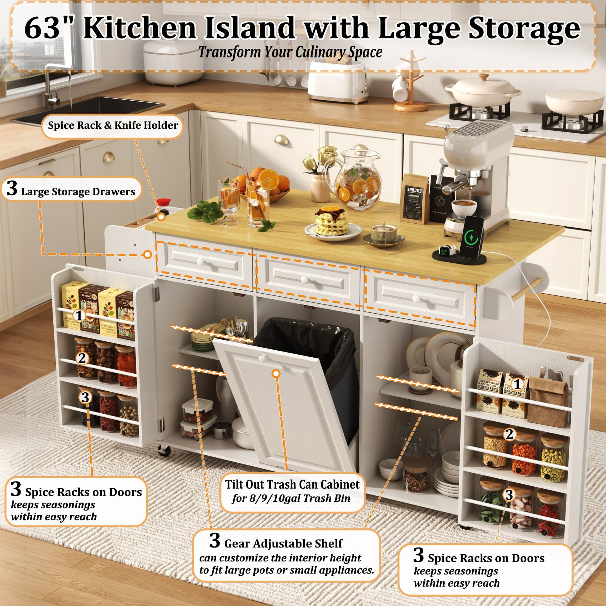63" Drop-Leaf Kitchen Island Cart with & Sliding Top, Rolling Island Table with Trash Can Storage & Power Outlet, 100lbs Load Capacity