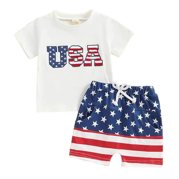 Povozer 4th Of July Outfits for Boys Red White Blue Boys Clothes Boys Comfortable Breathable Set Independence Day Cute Printed Short Sleeve Top Shorts 2pcs Set Size 3-4 Years,White