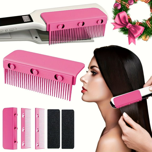 2Pcs Flat Iron Comb Attachment,Clip-On Hair Straightener Comb Attachment for Flat Iron,Professional or Home Use Compact Hair Styling Tool(Pink)