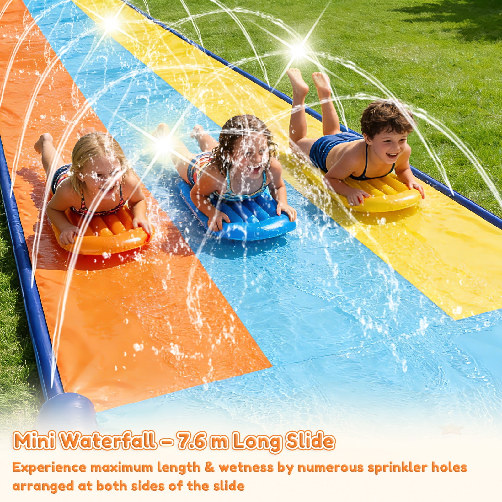 Teblint 22.3FT Triple Lawn Water Slides, Heavy Duty Water Slip Splash Pad with Built in Sprinkler & 3 Bodyboards for Backyard Outdoor Water Fun Toys for Kids Adults