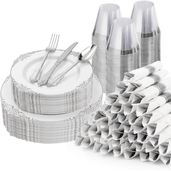 Bestluck 350 Piece Silver Disposable Dinnerware Set for 50 Guests, Complete Party Tableware Kit with Plates, Cups, Cutlery & Napkins for Wedding and Events