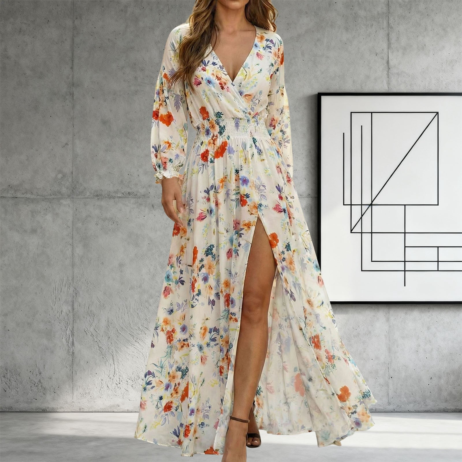 Women's Boho Floral Print V-Neck Maxi Dress Long Sleeve Smocked Waist High Slit Flowy Beach Dress