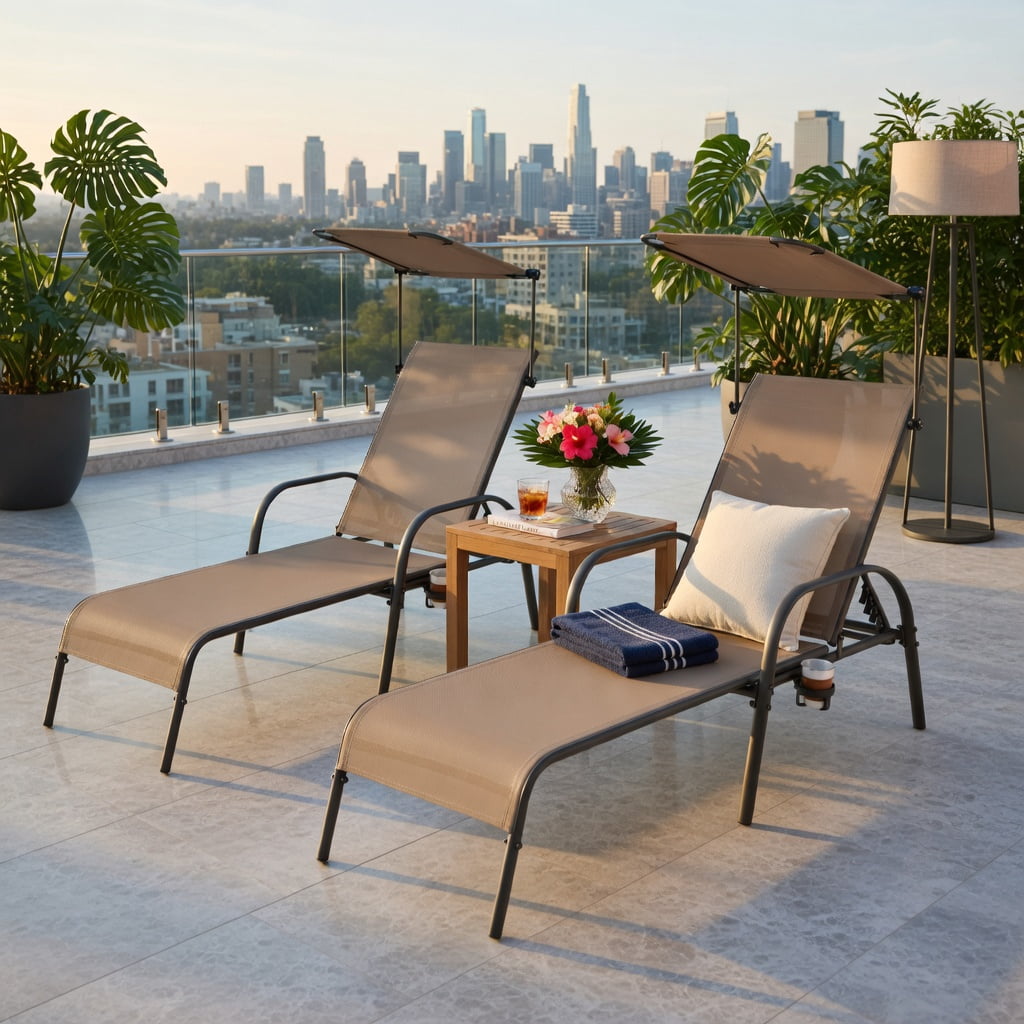 Hommoo Heavy-Duty 5-Position Adjustable Chaise Lounge Chair for Patio, Backyard & Poolside, Fabric & Metal Recliner with Sunshade Canopy & Hidden Cup Holder, Brown