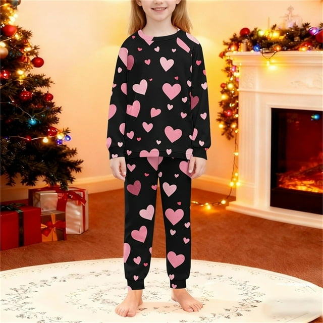 TaTaai Children's Heart Print Lapel Loungewear Set, Soft Top and Lounge Pants, Cozy Valentine Wear Gift