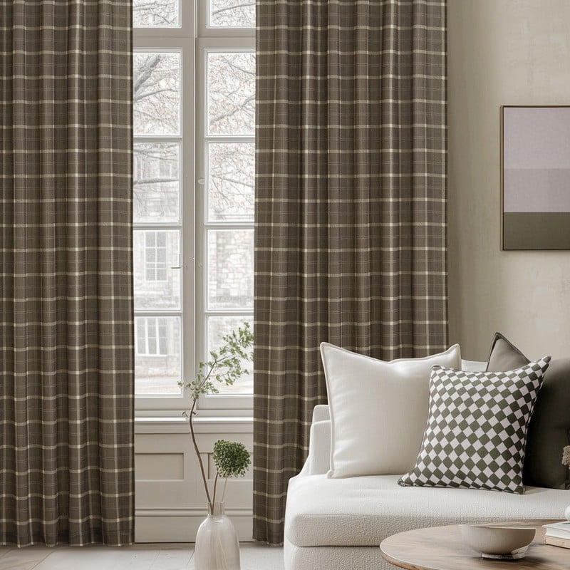 NICETOWN Plaid Curtains 63 inches Long, Linen Grid Pattern Light Filtering Privacy Shade for Kitchen Bedroom, Farmhouse Rod Pocket Back Tab Semi Sheer Curtains, Taupe, 2 Panels