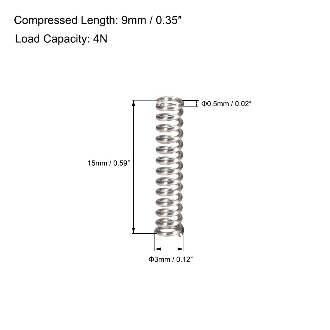 uxcell Compression Spring,304 Stainless Steel,3mm OD,0.5mm Wire Size,12mm Compressed Length,20mm Free Length,4N Load Capacity,Silver Tone,30pcs