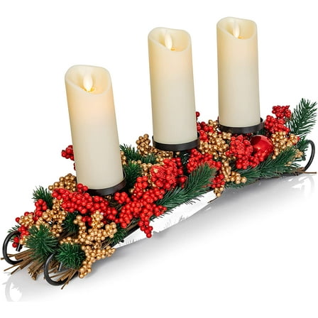 Ornativity Christmas Décor Candle Holder – Xmas Themed Candle Holder Centerpiece Decorations with Red and Gold Berries and Evergreens