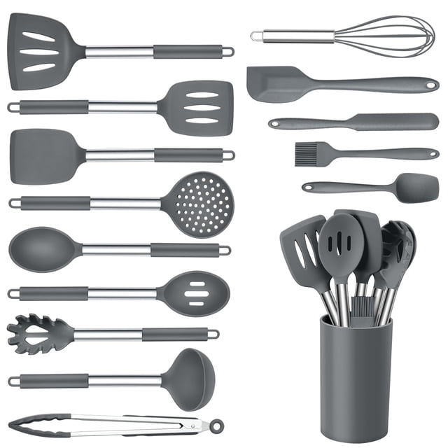 Juego de 15 utensilios de cocina de silicona y acero inoxidable con soporte, resistente al calor y apto para lavaplatos, color gris