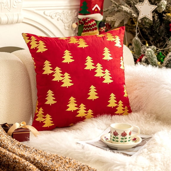 EazyTech Red Christmas Pillow Cover Double-Sided Gold Foil Snowflake Xmas Tree Design Holiday Decor for Sofa Bed Couch