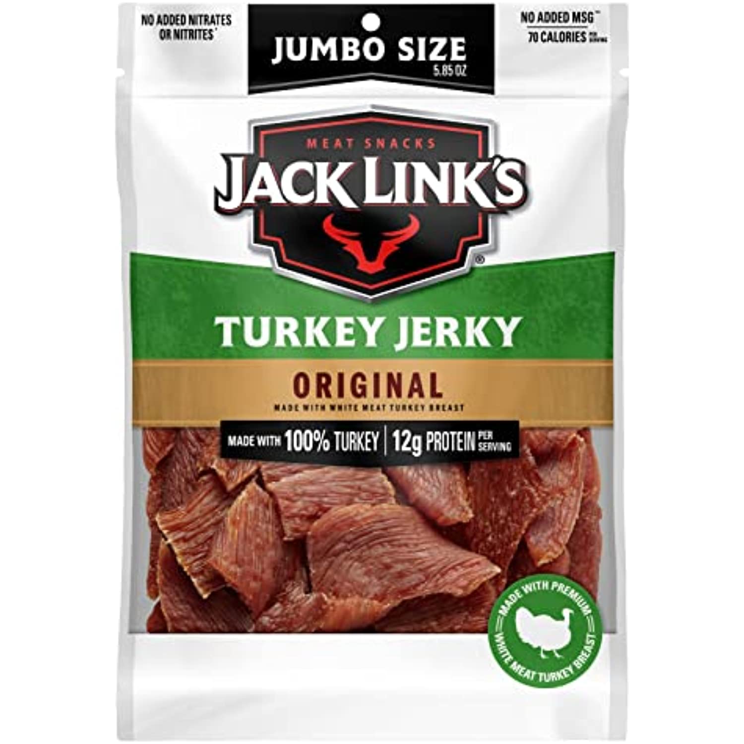 Jack Link’S Turkey Jerky, Original, 5.85 Oz. Sharing Size Bag – Flavorful Meat Snack With 12G Of Protein, 80 Calories, Made With 100% Beef - 96% Fat Free, No Added Msg** Or Nitrates/Nitrites
