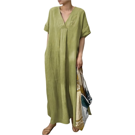 CIENVNSTG Women's Summer Casual Loose Cotton Linen Dress Fashionable Short Sleeve Long Maxi Dress Green M